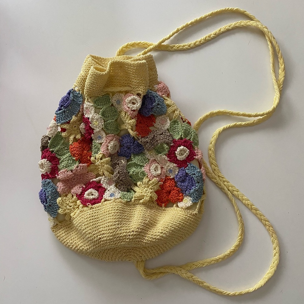 Boho Chic Handmade Small Yellow Crochet Drawstring Flower Backpack